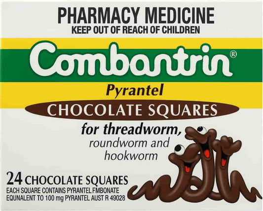 Box of Combantrin Chocolate Squares 24 pack - for pinworm, roundworm, and hookworm.