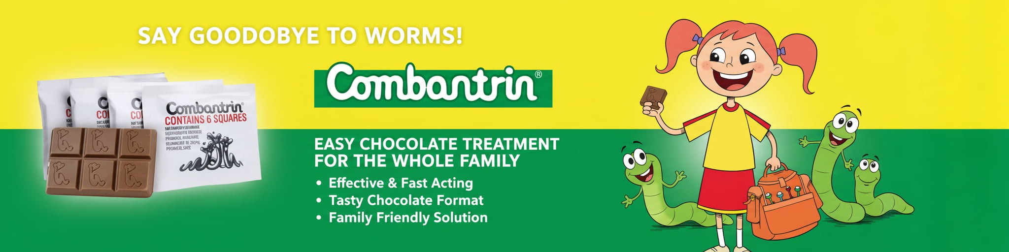 Combantrin advertisement with a child and worms on a green and yellow background